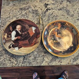 Plates, Collectable Norman Rockwell, 2 8.5", Grandpa's Gift & Dreaming in the At